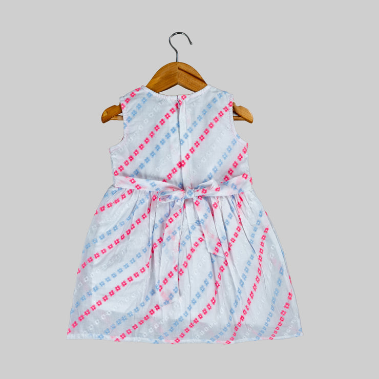 White Hakoba Floral Stripe Sleeveless Dress with  Neon Pink Bow for Girls