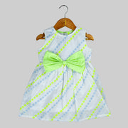 White Hakoba Floral Stripe Sleeveless Dress with  Neon Green Bow for Girls