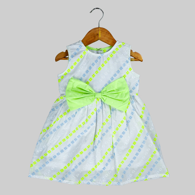 White Hakoba Floral Stripe Sleeveless Dress with  Neon Green Bow for Girls