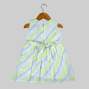 White Hakoba Floral Stripe Sleeveless Dress with  Neon Green Bow for Girls