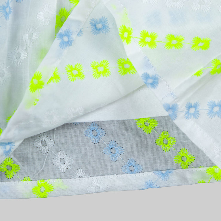 White Hakoba Floral Stripe Sleeveless Dress with  Neon Green Bow for Girls
