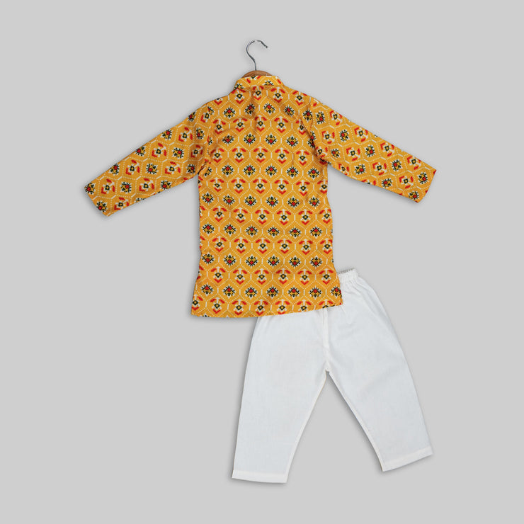 Yellow Cotton Patola Print Kurta Pyjama For Boys