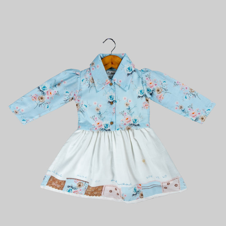 Blue Floral Printed Jacket And White Skater Frock For Girls