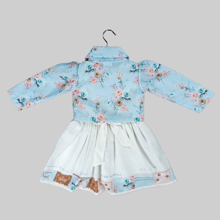 Blue Floral Printed Jacket And White Skater Frock For Girls