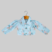 Blue Floral Printed Jacket And White Skater Frock For Girls