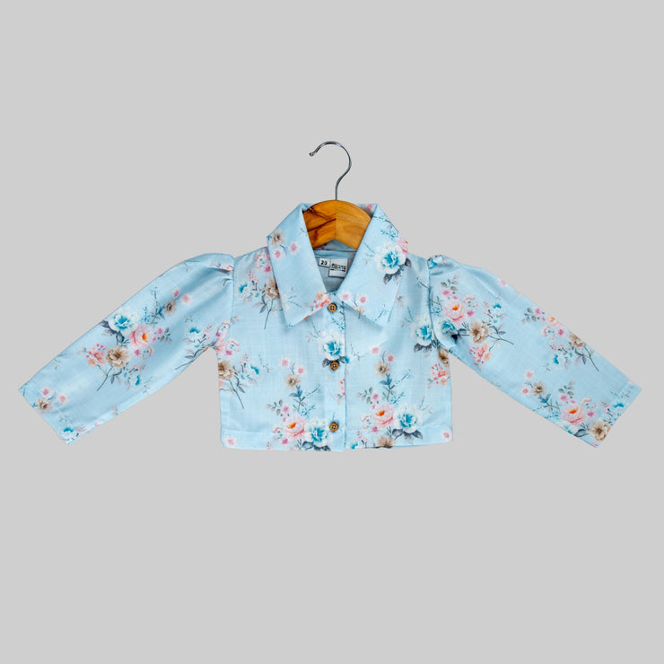 Blue Floral Printed Jacket And White Skater Frock For Girls