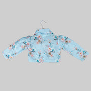 Blue Floral Printed Jacket And White Skater Frock For Girls