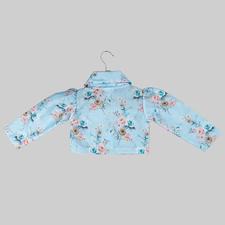Blue Floral Printed Jacket And White Skater Frock For Girls