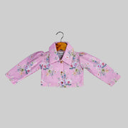 Pink Floral Printed Jacket And White Skater Frock For Girls