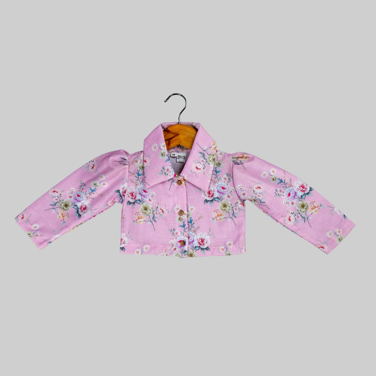 Pink Floral Printed Jacket And White Skater Frock For Girls