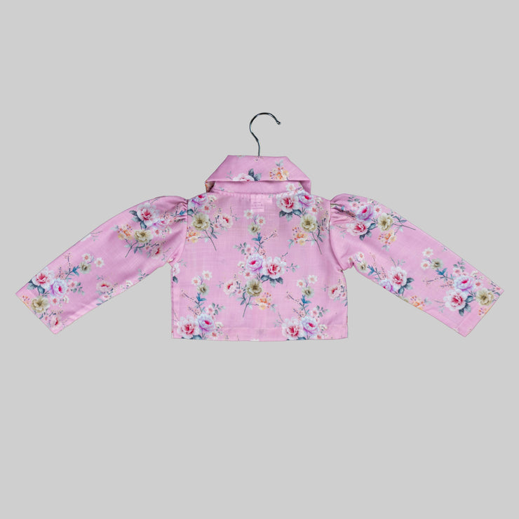 Pink Floral Printed Jacket And White Skater Frock For Girls