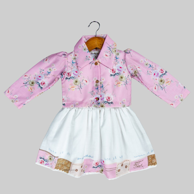 Pink Floral Printed Jacket And White Skater Frock For Girls