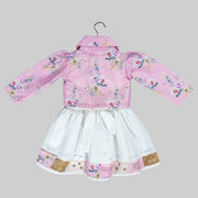Pink Floral Printed Jacket And White Skater Frock For Girls