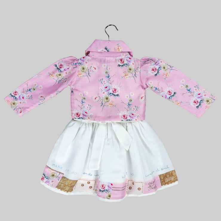 Pink Floral Printed Jacket And White Skater Frock For Girls