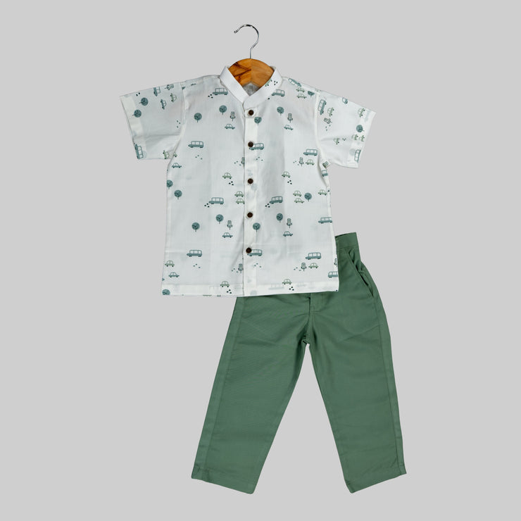 White Car Print Shirt & Olive Green Pant Set for Boys