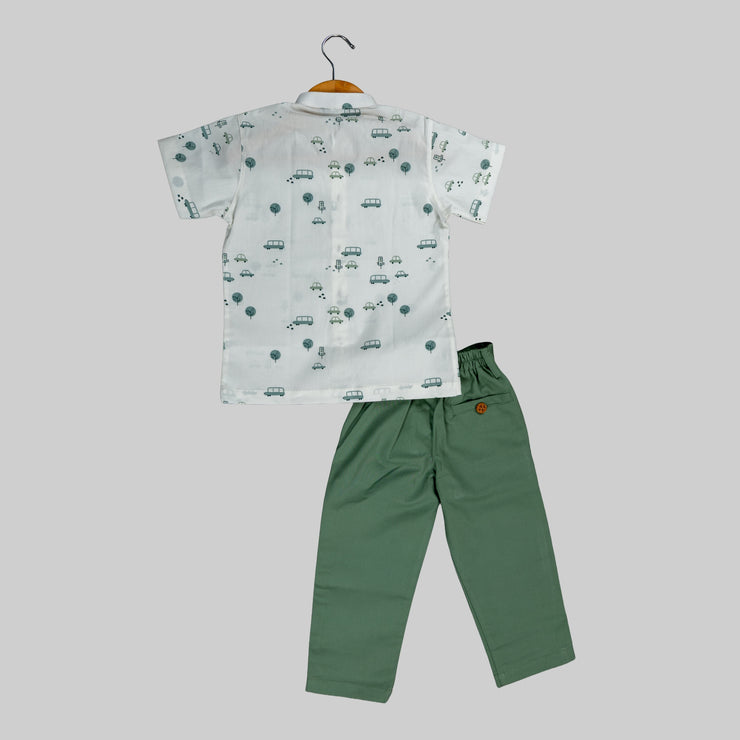 White Car Print Shirt & Olive Green Pant Set for Boys