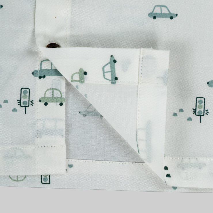 White Car Print Shirt & Olive Green Pant Set for Boys