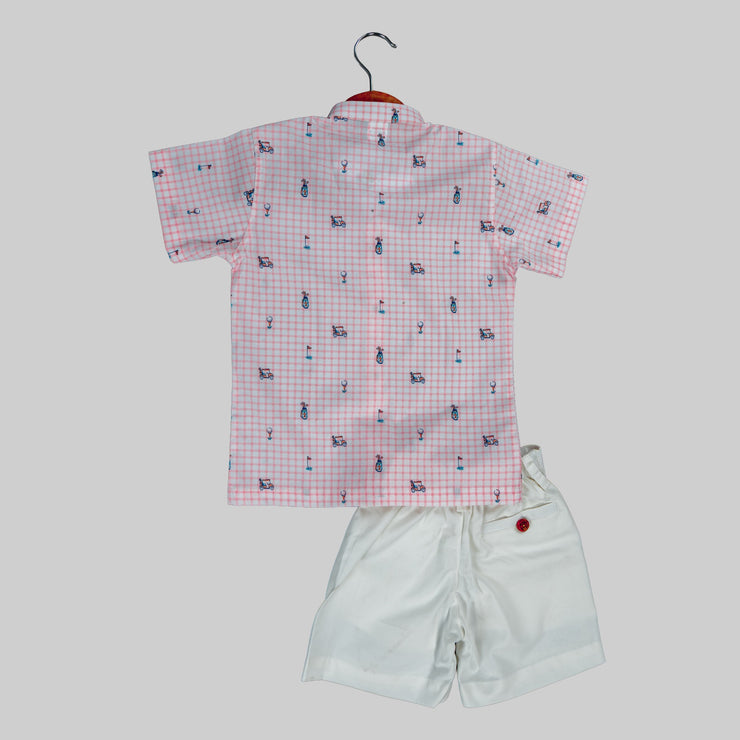 Pink Checkered Shirt & White Shorts Set