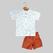 White Cartoon Print Shirt & Rust Orange Shorts Set for Boys