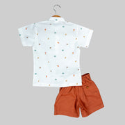 White Cartoon Print Shirt & Rust Orange Shorts Set for Boys