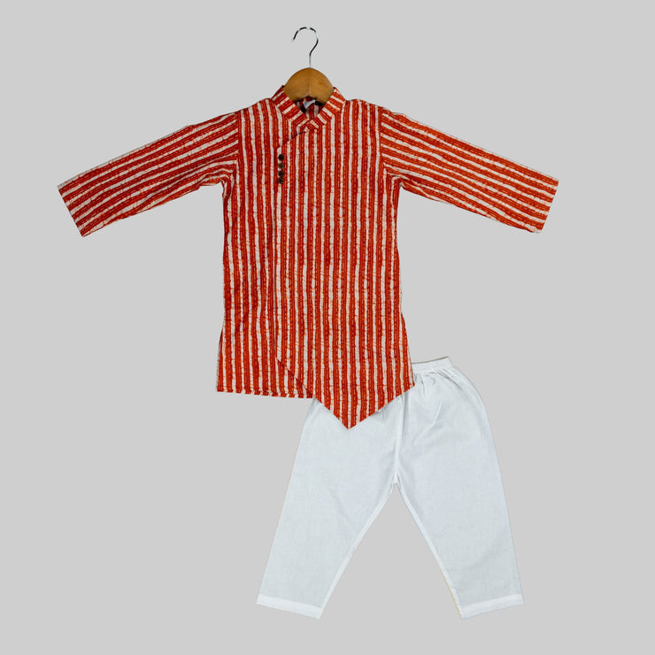 Rust Striped Asymmetric Kurta Pajama Set for Boys