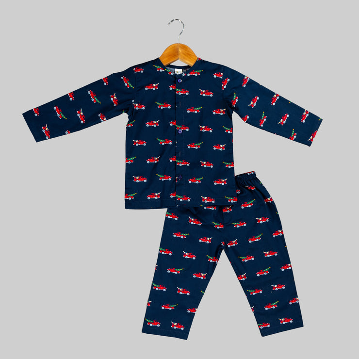 Navy Blue Christmas Car Print Sleepwear Set for Boys