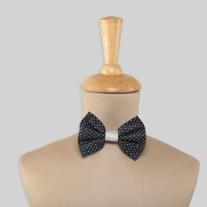Dark Blue Cotton Bowtie with White and Yellow Polka Dots