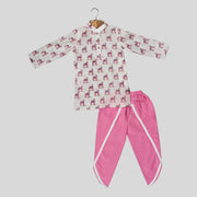 White and Pink Cotton Dhoti Kurta Set For Boys with Camel Print