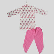 White and Pink Cotton Dhoti Kurta Set For Boys with Camel Print