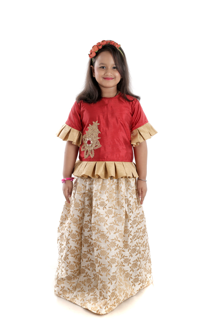 Maroon and Cream Party Top and Ghaghara with Embroidered Motif
