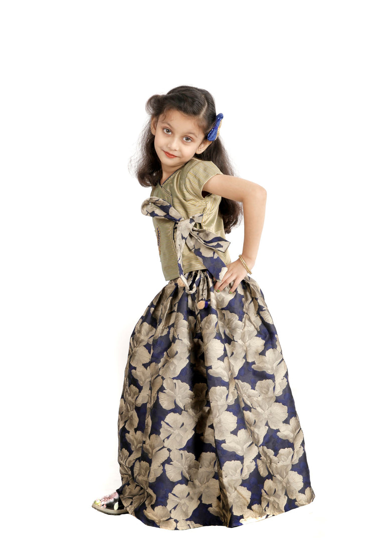 Blue & Beige Indo-Western Top & Skirt with Peacock Motif