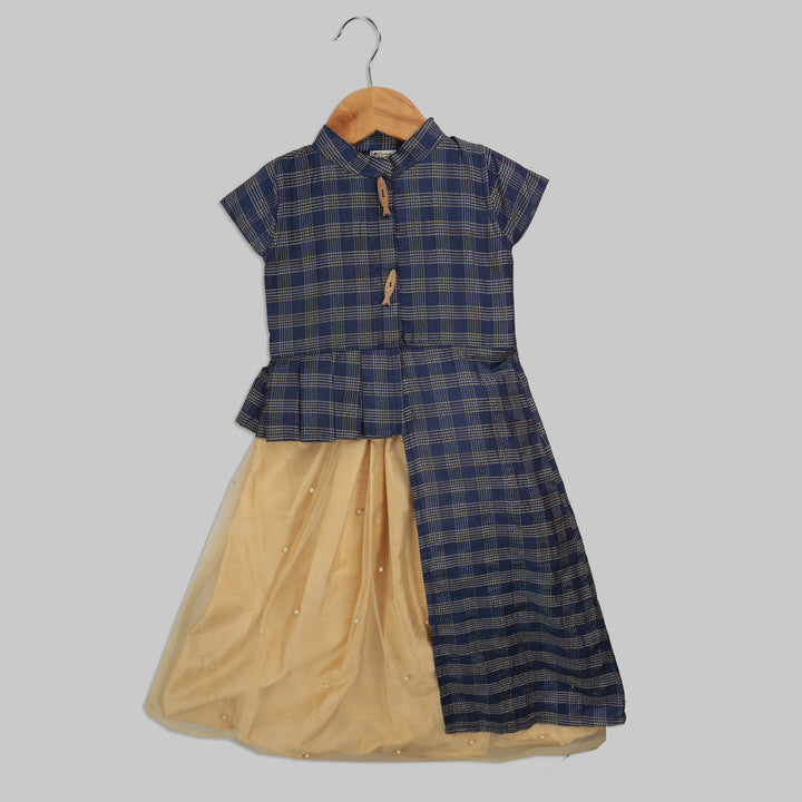 Blue Silk Top and Beige Net Skirt