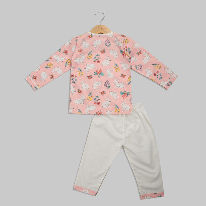 Pink and White Cotton Pyjama Set with Rabbit Print