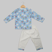Blue and White Cotton Pyjama Set With Rabbit Print
