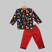 Black and Red Cotton Pyjama Set with Polka Dots