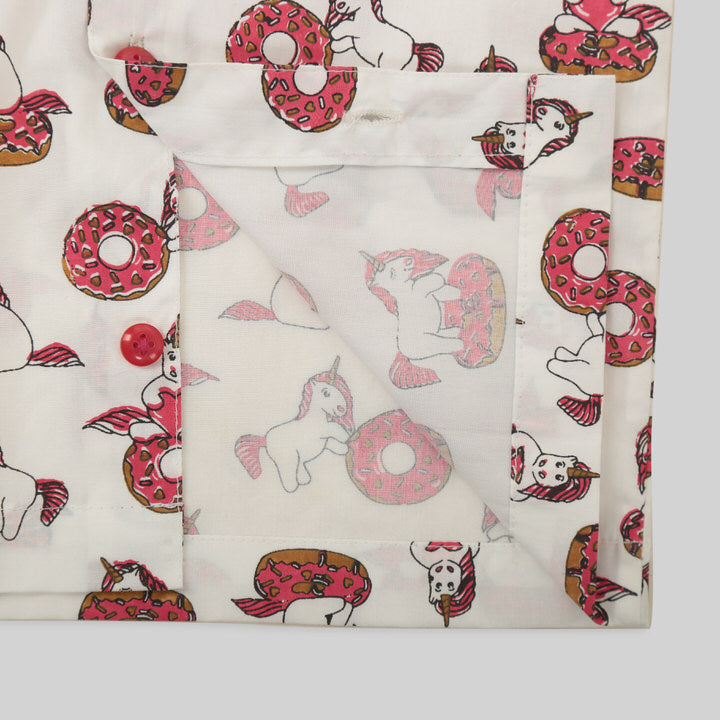 White and Pink Cotton Pyjama Set with Unicorn and Doughnut Print