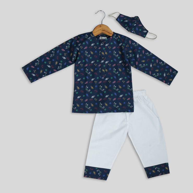 Blue and White Cotton Pyjama Set With Rocket Print