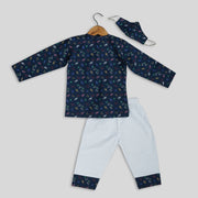 Blue and White Cotton Pyjama Set With Rocket Print