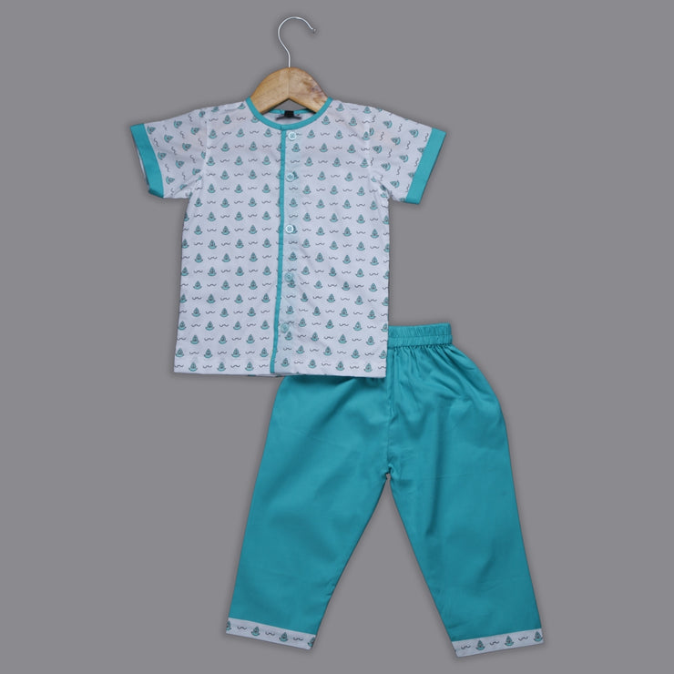 The Perfect Sailor – Teal Colour Printed Night-Suit Set