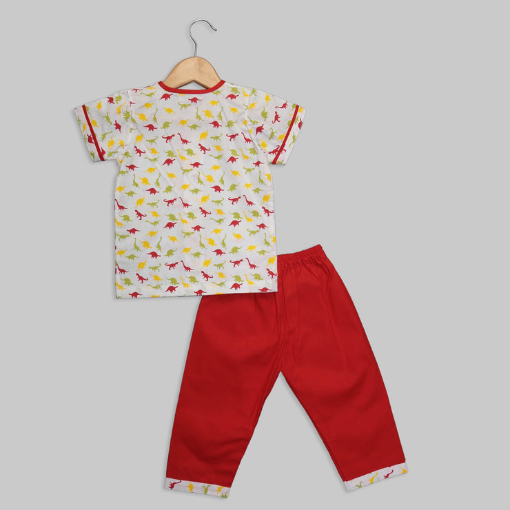 White and Red Cotton Pyjama Set Featuring Multicoloured Dinosaur Print