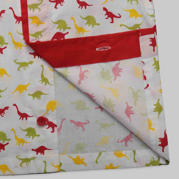 White and Red Cotton Pyjama Set Featuring Multicoloured Dinosaur Print