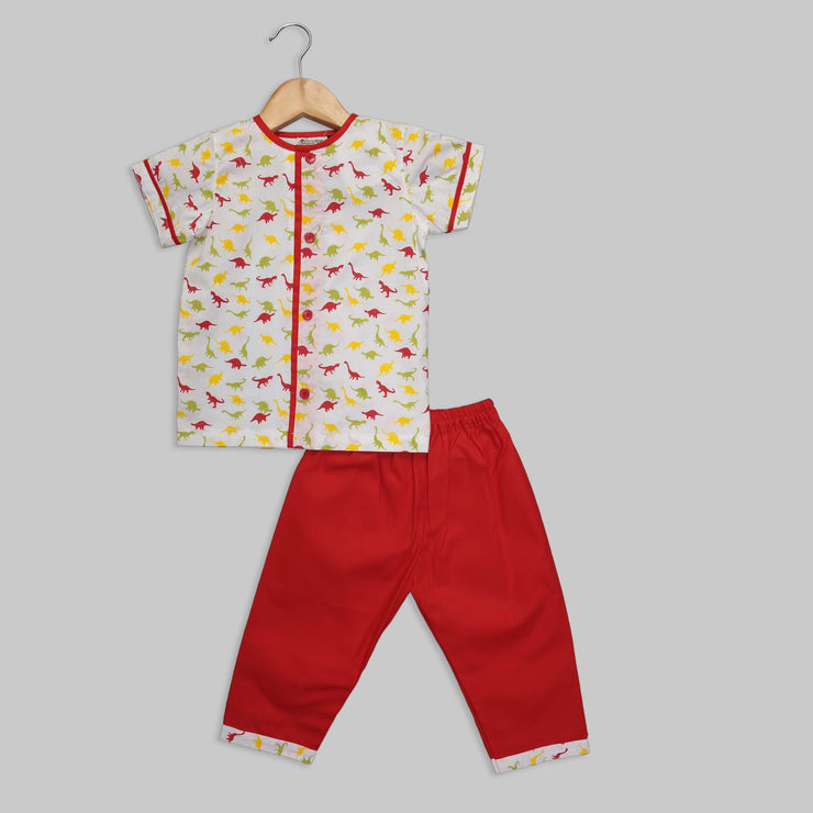 White and Red Cotton Pyjama Set Featuring Multicoloured Dinosaur Print