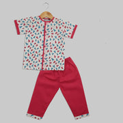 White and Pink Cotton Pyjama Set with multicoloured Paper Plane Print