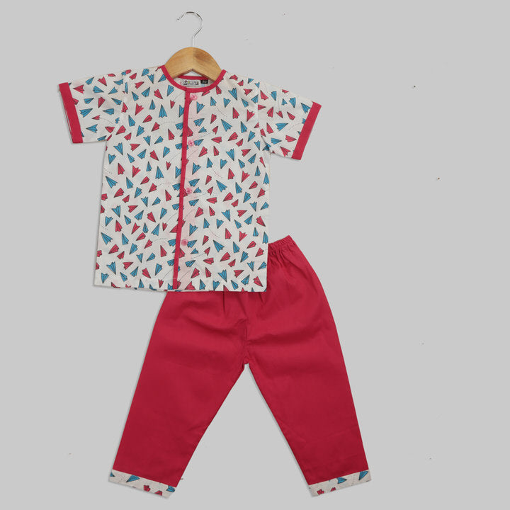 White and Pink Cotton Pyjama Set with multicoloured Paper Plane Print