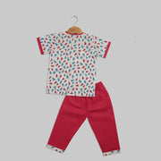White and Pink Cotton Pyjama Set with multicoloured Paper Plane Print