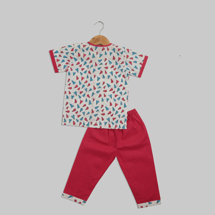 White and Pink Cotton Pyjama Set with multicoloured Paper Plane Print