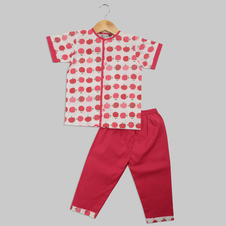White and Red Cotton Pyjama Set with Apple Print