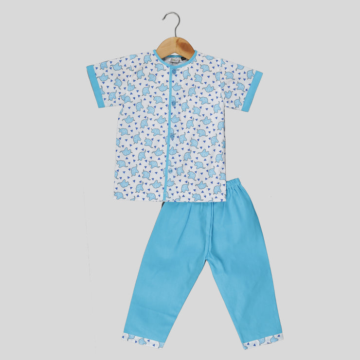 Blue and White Cotton Pyjama Set For Kids with Elephant Print