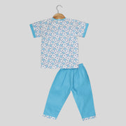 Blue and White Cotton Pyjama Set For Kids with Elephant Print