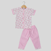 Pink and White Cotton Pyjama Set For Kids with Elephant Print